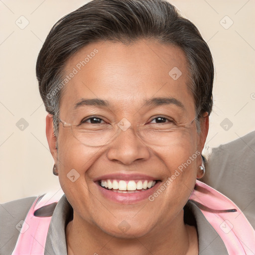 Joyful white adult female with medium  brown hair and brown eyes