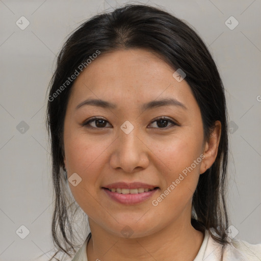 Joyful white young-adult female with medium  brown hair and brown eyes