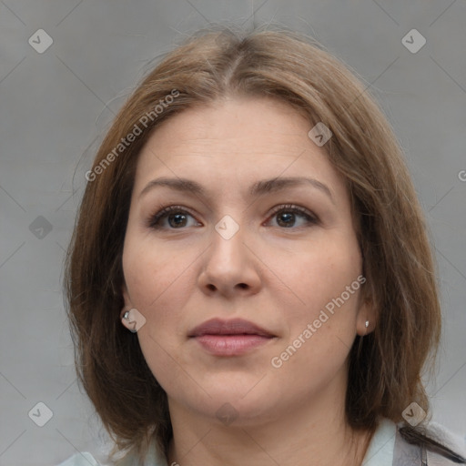 Neutral white young-adult female with medium  brown hair and brown eyes