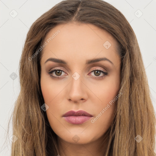 Neutral white young-adult female with long  brown hair and brown eyes