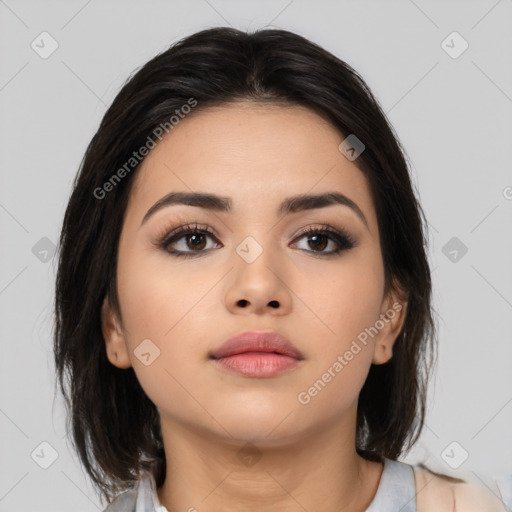 Neutral asian young-adult female with medium  brown hair and brown eyes