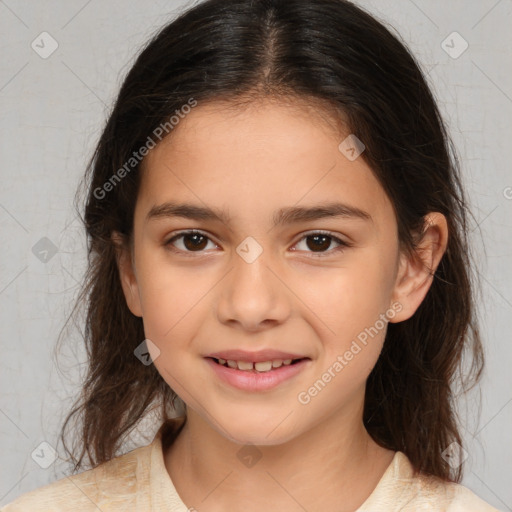 Joyful white child female with medium  brown hair and brown eyes