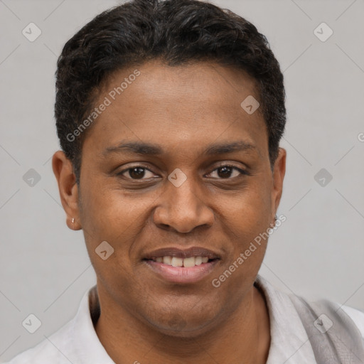 Joyful latino young-adult male with short  brown hair and brown eyes