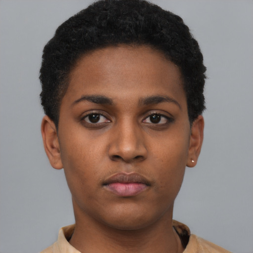 Neutral black young-adult female with short  brown hair and brown eyes