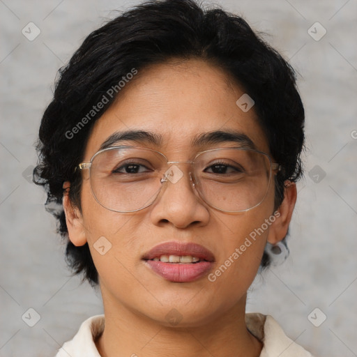 Joyful asian adult female with medium  brown hair and brown eyes