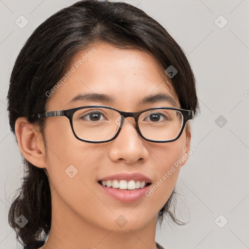 Joyful white young-adult female with medium  brown hair and brown eyes