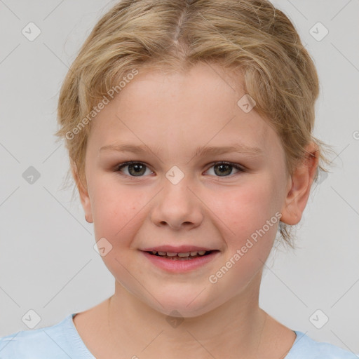 Joyful white child female with medium  brown hair and brown eyes