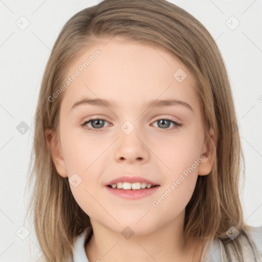 Joyful white child female with medium  brown hair and brown eyes