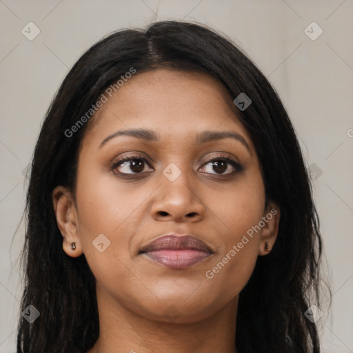 Joyful asian young-adult female with long  brown hair and brown eyes