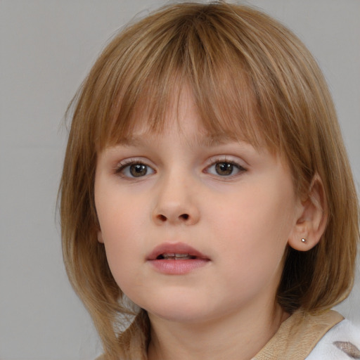 Neutral white child female with medium  brown hair and blue eyes