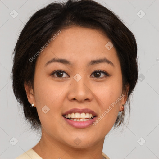 Joyful asian young-adult female with medium  brown hair and brown eyes