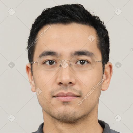 Neutral asian young-adult male with short  black hair and brown eyes