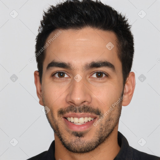 Joyful white young-adult male with short  black hair and brown eyes