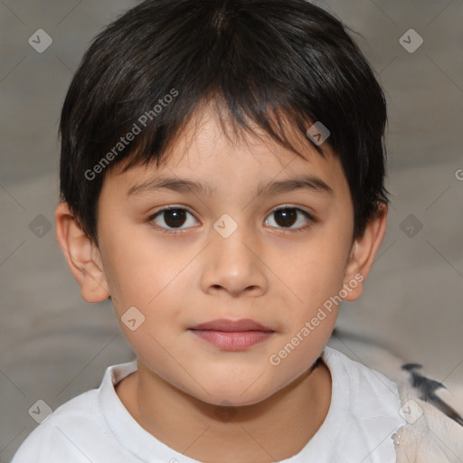 Joyful white child female with short  brown hair and brown eyes