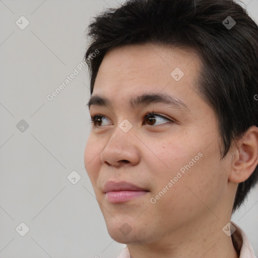 Neutral asian young-adult male with short  brown hair and brown eyes