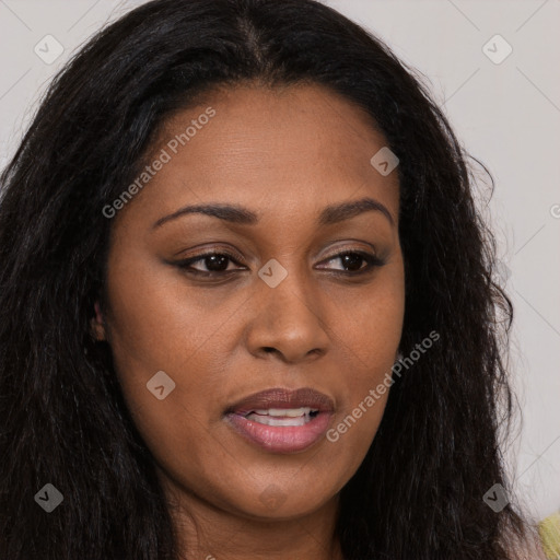 Joyful asian young-adult female with long  brown hair and brown eyes