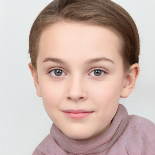 Joyful white child female with short  brown hair and brown eyes