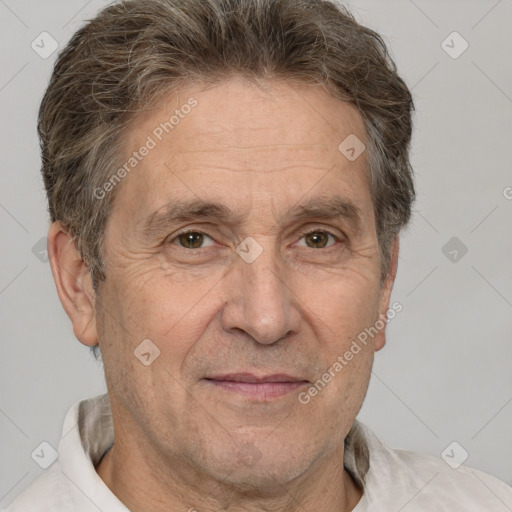 Joyful white middle-aged male with short  brown hair and brown eyes