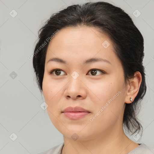 Neutral white young-adult female with medium  brown hair and brown eyes