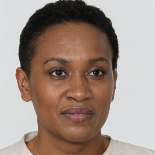 Joyful black adult female with short  brown hair and brown eyes