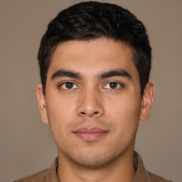 Neutral white young-adult male with short  black hair and brown eyes