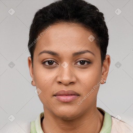 Joyful latino young-adult female with short  brown hair and brown eyes