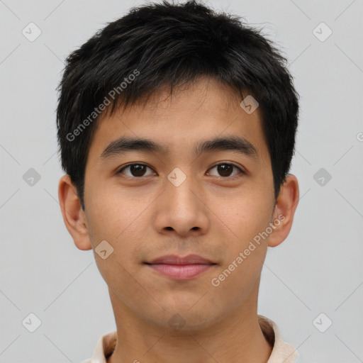 Neutral asian young-adult male with short  brown hair and brown eyes