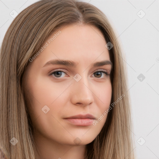 Neutral white young-adult female with long  brown hair and brown eyes