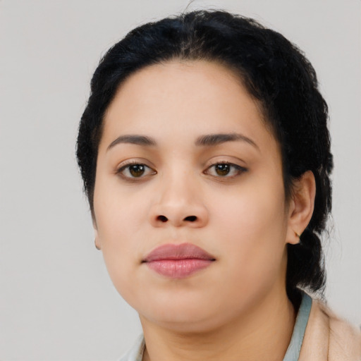 Neutral asian young-adult female with medium  black hair and brown eyes