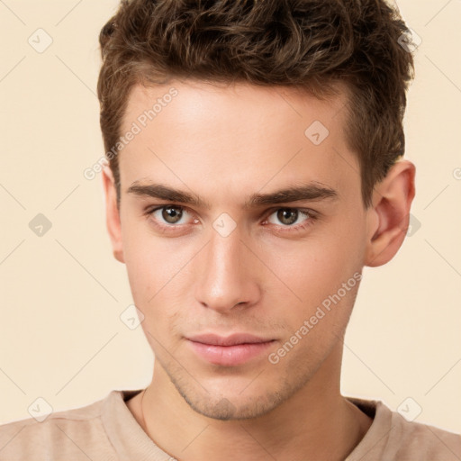 Neutral white young-adult male with short  brown hair and brown eyes