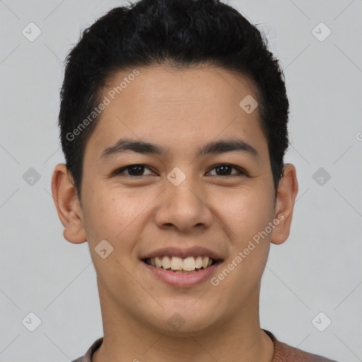 Joyful latino young-adult male with short  brown hair and brown eyes