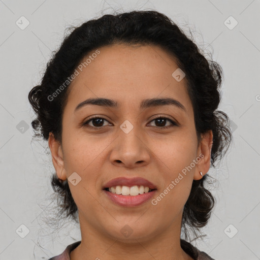 Joyful latino young-adult female with medium  brown hair and brown eyes