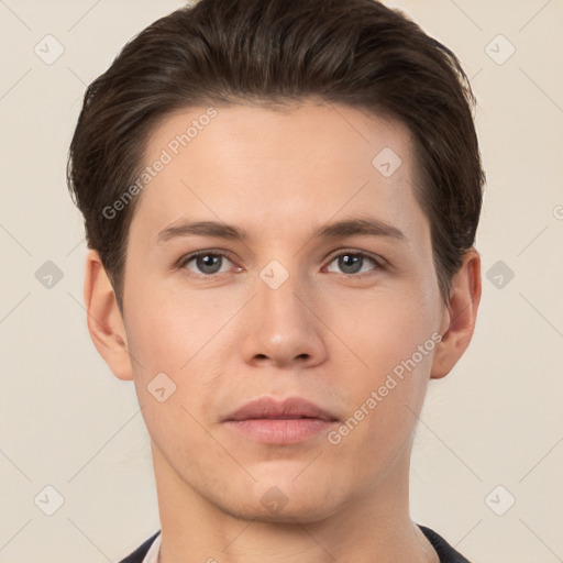 Neutral white young-adult male with short  brown hair and brown eyes