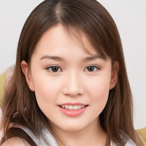 Joyful white child female with medium  brown hair and brown eyes