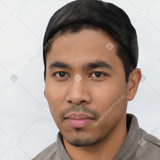 Neutral asian young-adult male with short  black hair and brown eyes