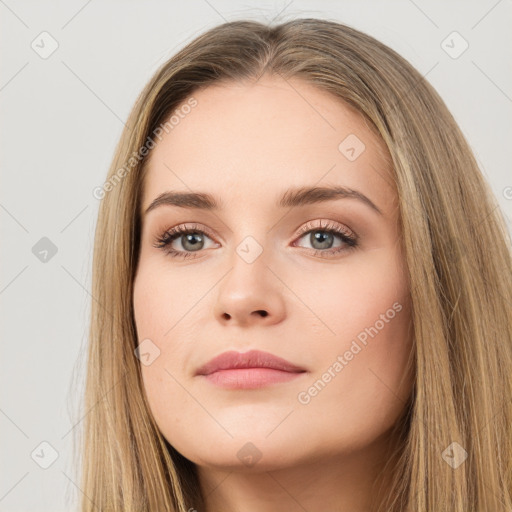 Neutral white young-adult female with long  brown hair and brown eyes