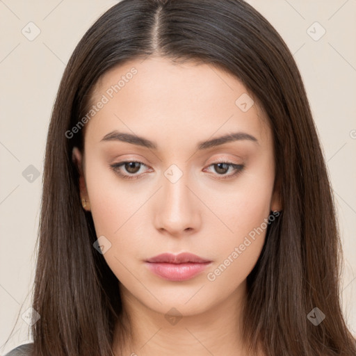 Neutral white young-adult female with long  brown hair and brown eyes