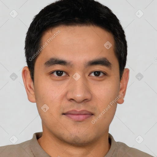 Neutral white young-adult male with short  black hair and brown eyes