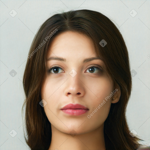 Neutral white young-adult female with long  brown hair and green eyes