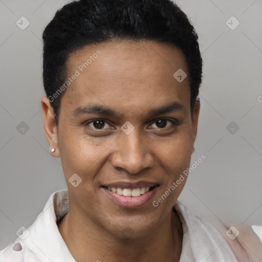 Joyful black young-adult male with short  black hair and brown eyes