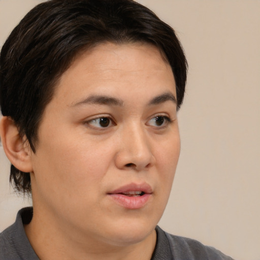 Neutral white young-adult female with short  brown hair and brown eyes