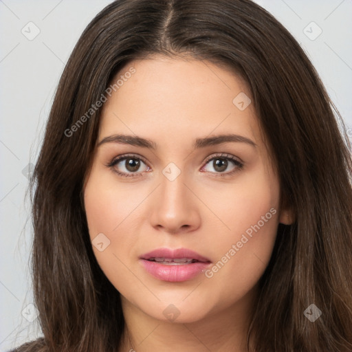 Neutral white young-adult female with long  brown hair and brown eyes