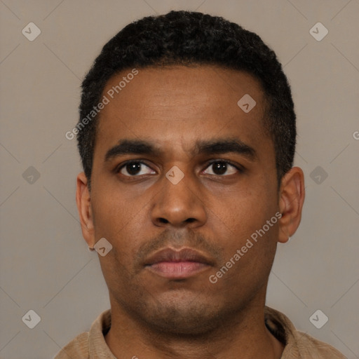 Neutral latino young-adult male with short  black hair and brown eyes