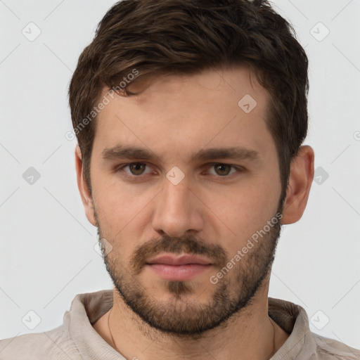 Neutral white young-adult male with short  brown hair and brown eyes