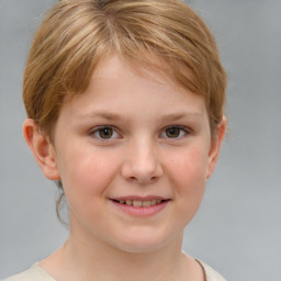 Joyful white child female with medium  brown hair and grey eyes