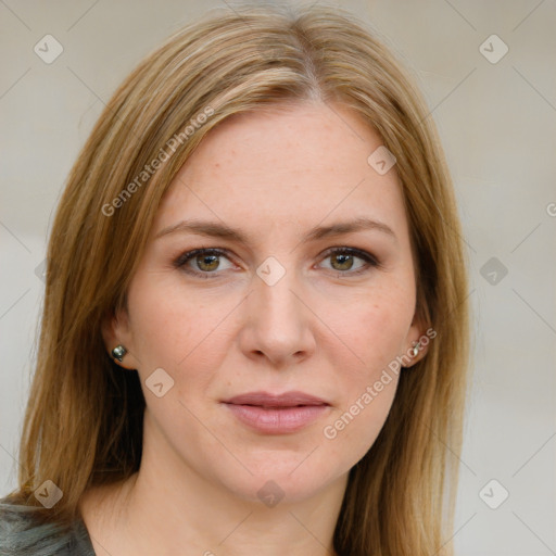 Joyful white young-adult female with medium  brown hair and blue eyes