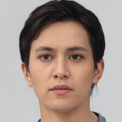 Neutral asian young-adult female with short  black hair and brown eyes
