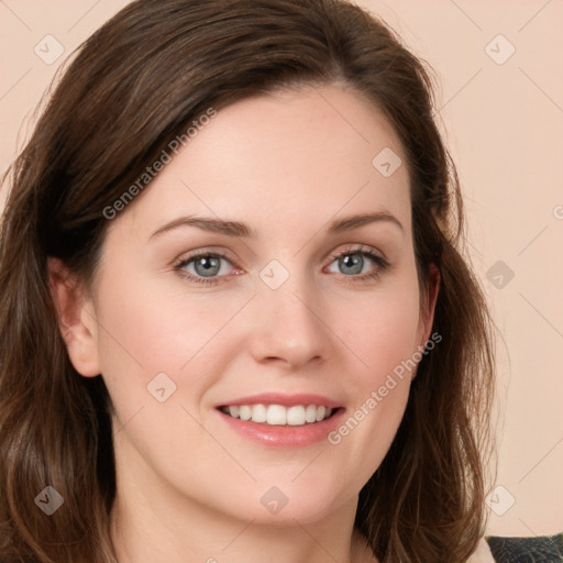 Joyful white young-adult female with medium  brown hair and green eyes