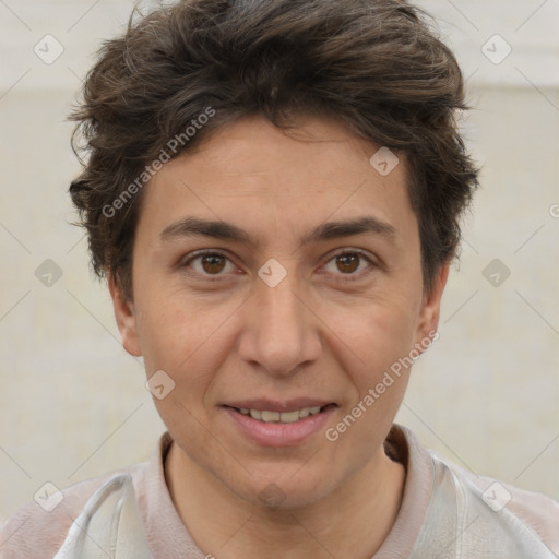 Joyful white adult female with short  brown hair and brown eyes