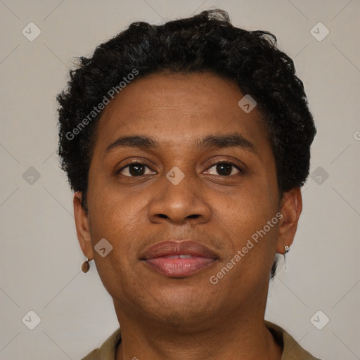 Joyful black young-adult male with short  brown hair and brown eyes